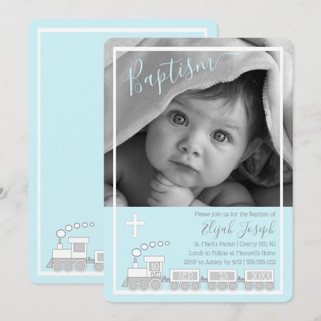 Boy Choo Choo Christening Baptism Photo Invitation (Front/Back)