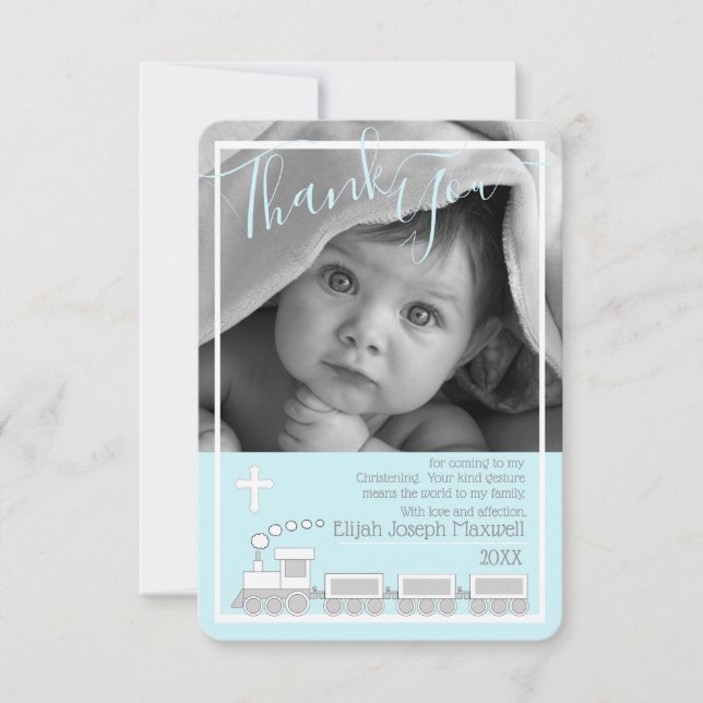 Boy Choo Choo Christening Baptism Photo Thank You (Front)