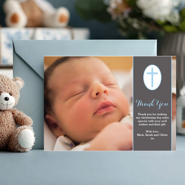 Boy Christening/Baptism Thank You Card (A sweet way to say thank you 💙 Personalize this baby boy christening thank you card with your photo)