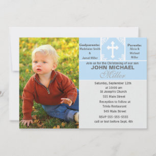 Boy Christening Invitation Blue Photo Card