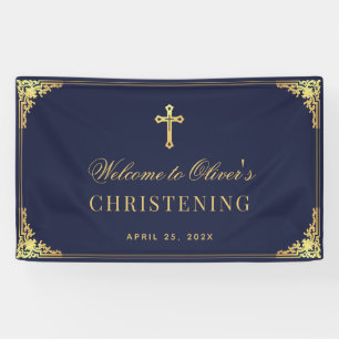 Boy Christening Navy Blue Gold Vintage Baptism Banner