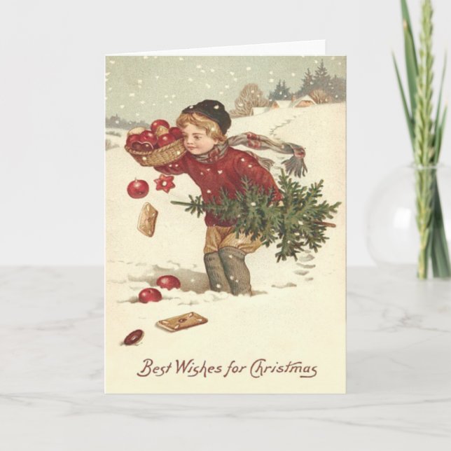 Boy Christmas Tree Presents Cottage Snow Holiday Card (Front)