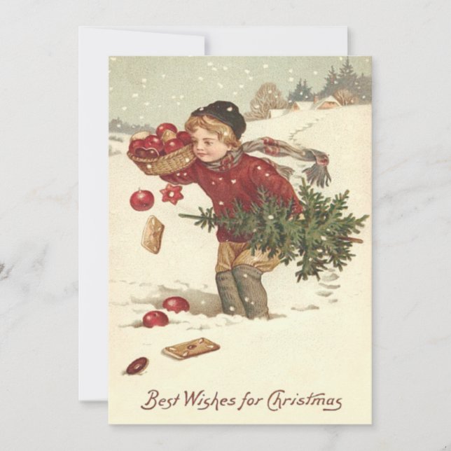 Boy Christmas Tree Presents Cottage Snow Holiday Card (Front)