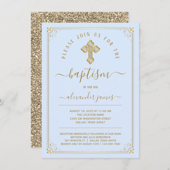 Boy Classic Blue Gold Baptism Invitation (Front/Back)