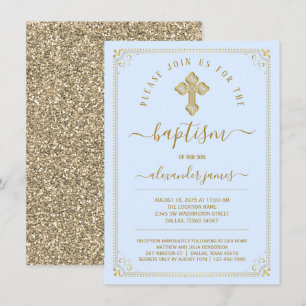 Boy Classic Blue Gold Baptism Invitation