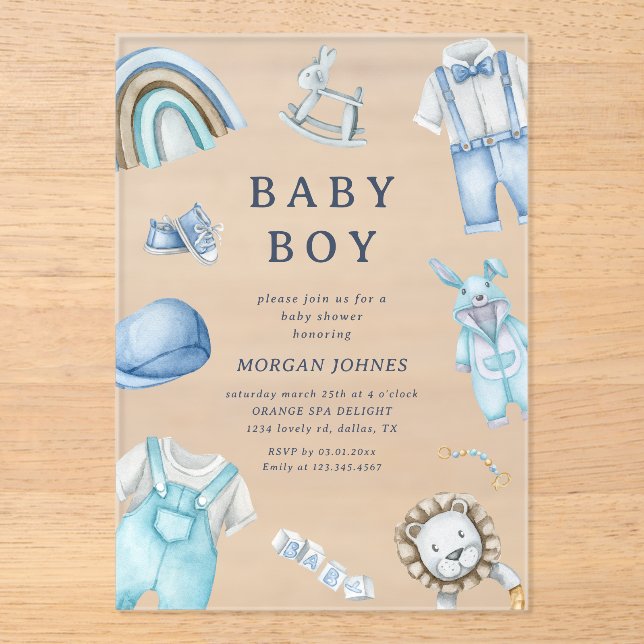 Boy Clothes Nursery Baby Shower Acrylic Invitations (Front)