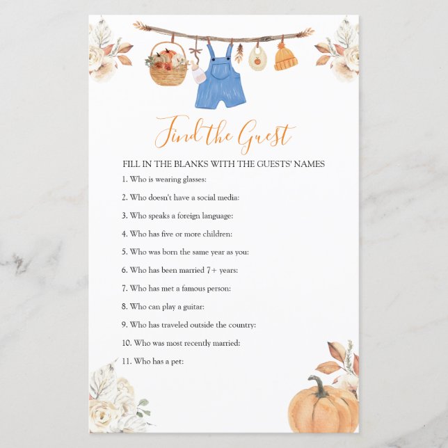 Boy Clothes Pumpkin Baby Shower Find The Guest (Front)