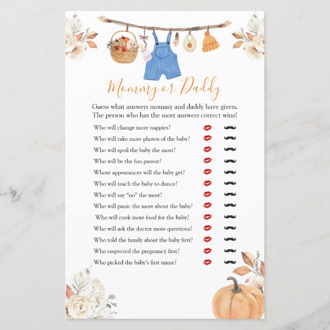 Boy Clothes Pumpkin Baby Shower Mummy or Daddy (Front)