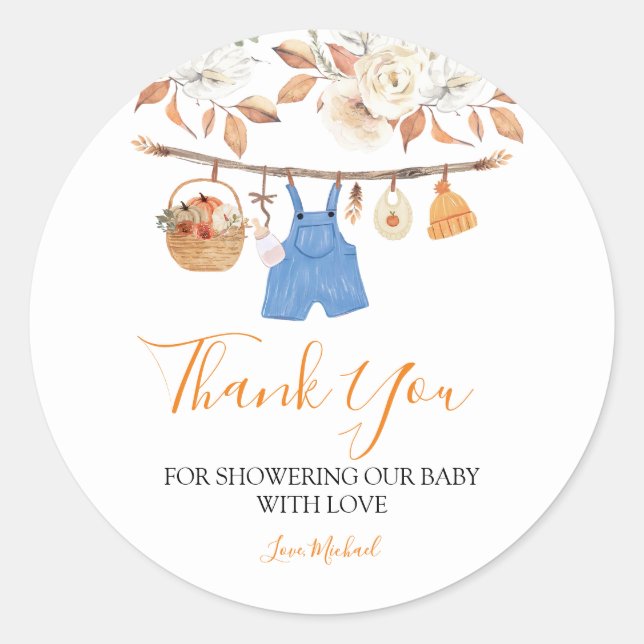 Boy Clothes Pumpkin Fall Baby Shower Thank You Classic Round Sticker (Front)
