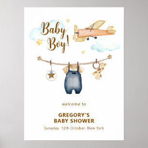 Boy Clothesline Aeroplane Sky Baby Shower Welcome Poster