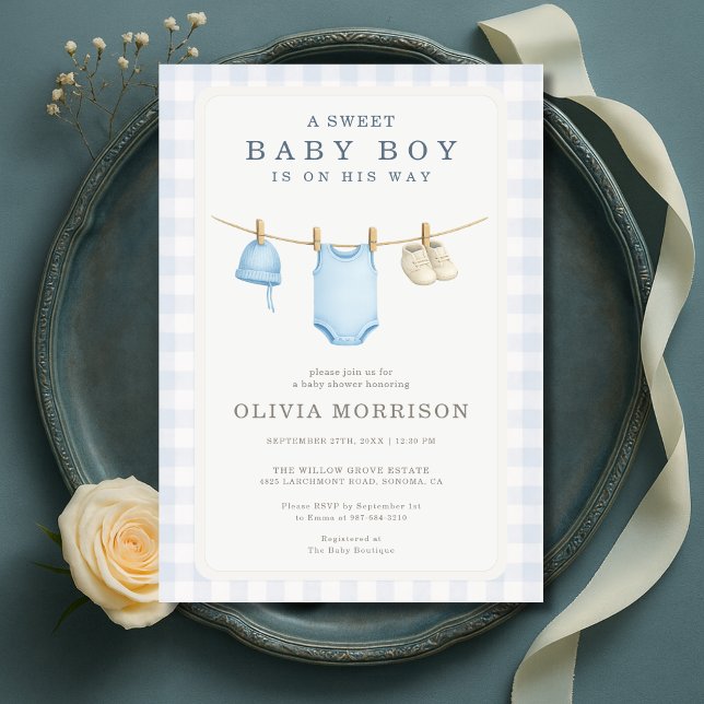 Boy Clothesline Blue Baby Shower Invitation (Creator Uploaded)