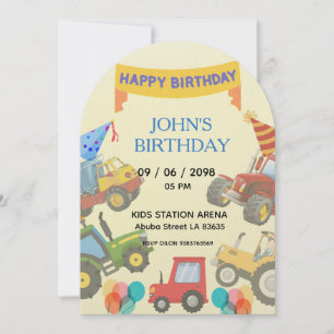 Boy Colourful Cartoon Tractor theme invitation 