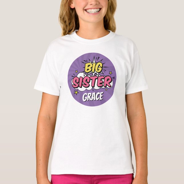 Boy Comic Book Superhero Baby Shower Big Sister T-Shirt (Front)