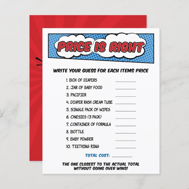 Boy Comic Book Superhero Baby Shower Price Game (Front/Back)