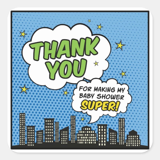 Boy Comic Book Superhero Baby Shower Thank You Square Sticker (Front)