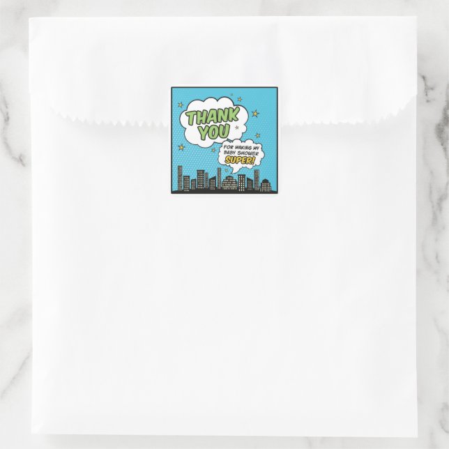 Boy Comic Book Superhero Baby Shower Thank You Square Sticker (Bag)