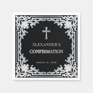 Boy Confirmation Black Elegant Vintage Faux Silver Napkin