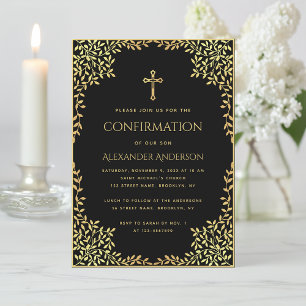 Boy Confirmation Black Faux Gold Leaves Religious  Invitation
