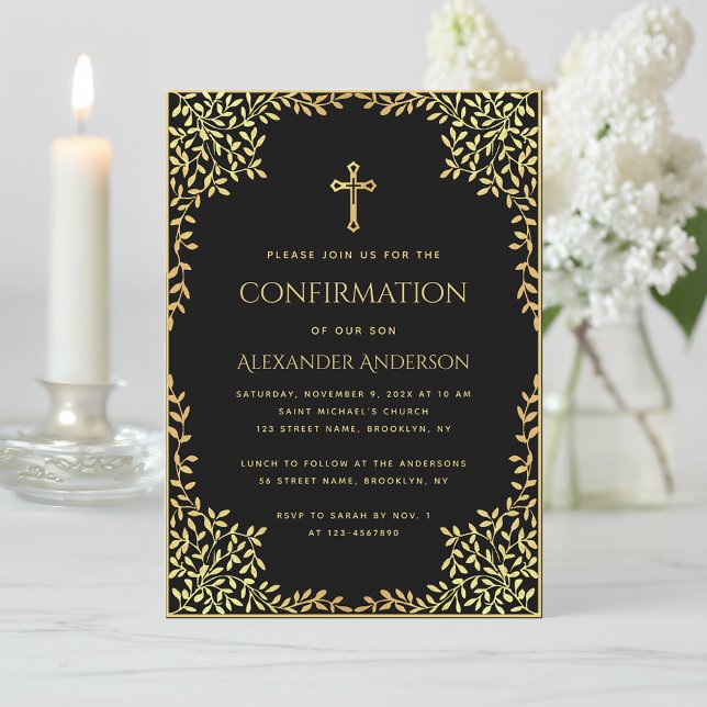 Boy Confirmation Black Faux Gold Leaves Religious  Invitation (Creator Uploaded)