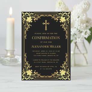 Boy Confirmation Black Faux Gold Vintage Elegant  Invitation