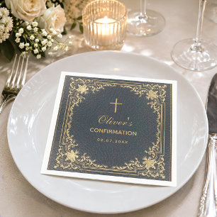 Boy Confirmation Blue Elegant Vintage Calligraphy Napkin