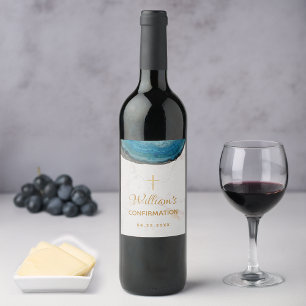Boy Confirmation Blue Geode Gold Marble Script Wine Label