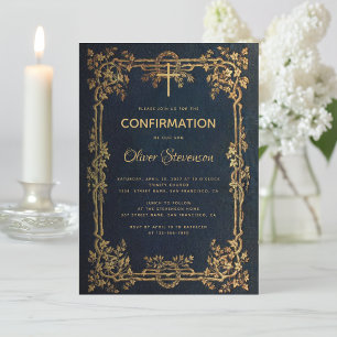 Boy Confirmation Blue Gold Leaves & Cross Vintage Invitation