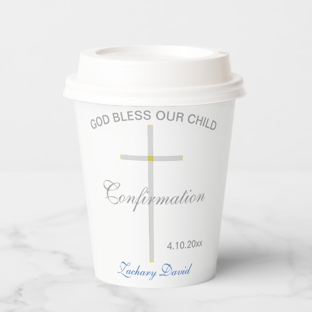 Boy Confirmation Blue Name Silver Gold Cross Paper Cups (Front)