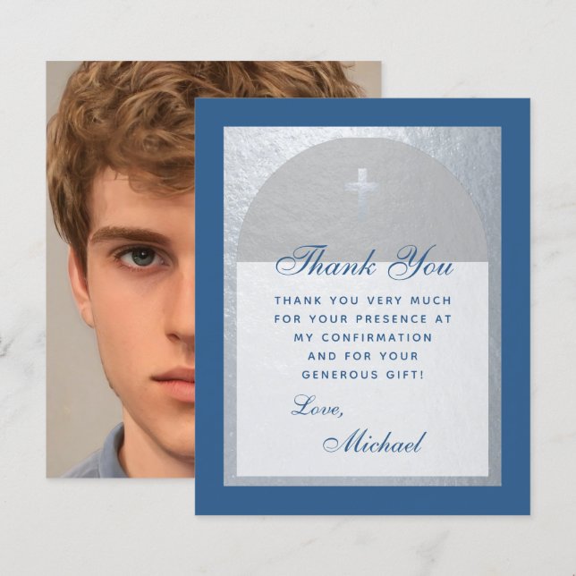 Boy Confirmation Blue Silver Budget Thank You Card (Front/Back)