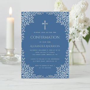 Boy Confirmation Classic Blue Silver Leaves Cross  Invitation