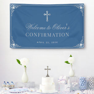 Boy Confirmation Classic Blue Vintage Faux Silver  Banner