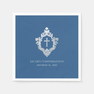 Boy Confirmation Classic Blue Vintage Ornate Crest Napkin