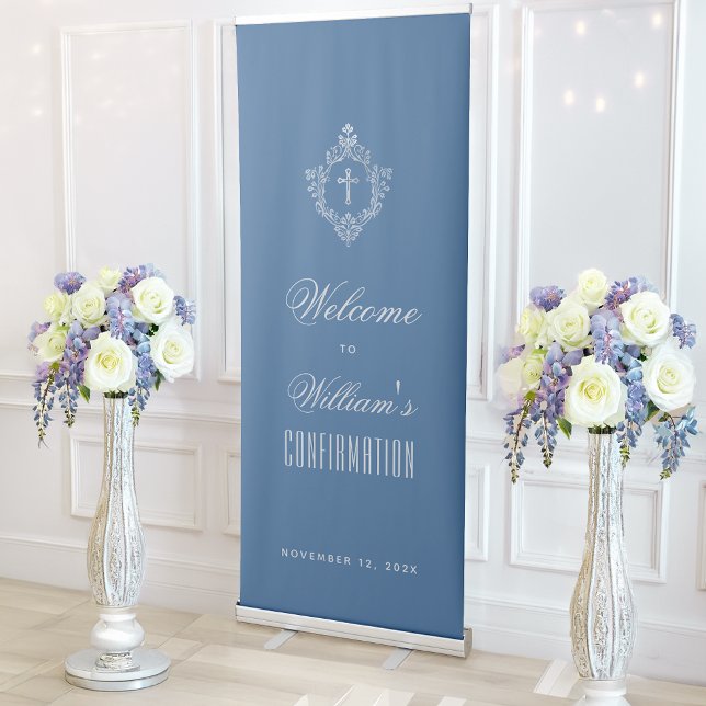 Boy Confirmation Classic Blue Welcome Cross Crest Retractable Banner (Creator Uploaded)