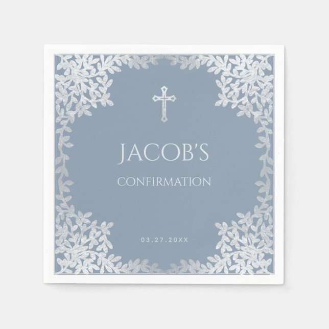 Boy Confirmation Dusty Blue Elegant Silver Leaves Napkin (Front)