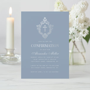 Boy Confirmation Dusty Blue Faux Silver Foil Crest Invitation