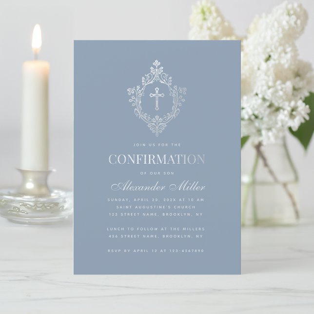 Boy Confirmation Dusty Blue Faux Silver Foil Crest Invitation (Creator Uploaded)
