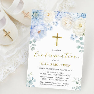 Boy Confirmation Dusty Blue Floral Gold Elegant Invitation
