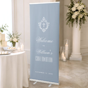 Boy Confirmation Dusty Blue Religious Cross Crest Retractable Banner