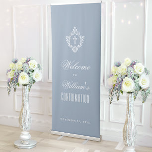 Boy Confirmation Dusty Blue Religious Cross Crest Retractable Banner