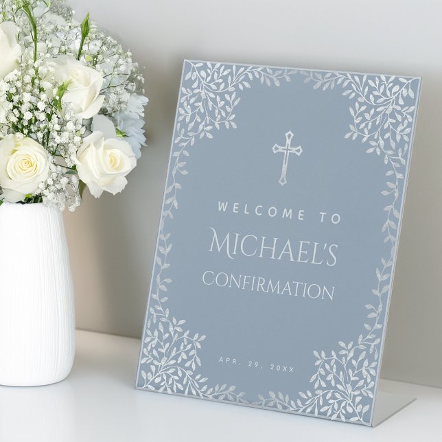 Boy Confirmation Dusty Blue Religious Cross Leaves Pedestal Sign (Creator Uploaded)