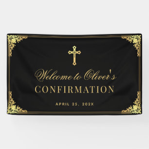 Boy Confirmation Elegant Black Faux Gold Vintage Banner