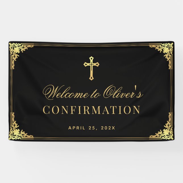 Boy Confirmation Elegant Black Faux Gold Vintage Banner (Horizontal)