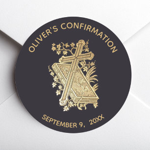 Boy Confirmation Gold Cross Bible on Black Vintage Classic Round Sticker