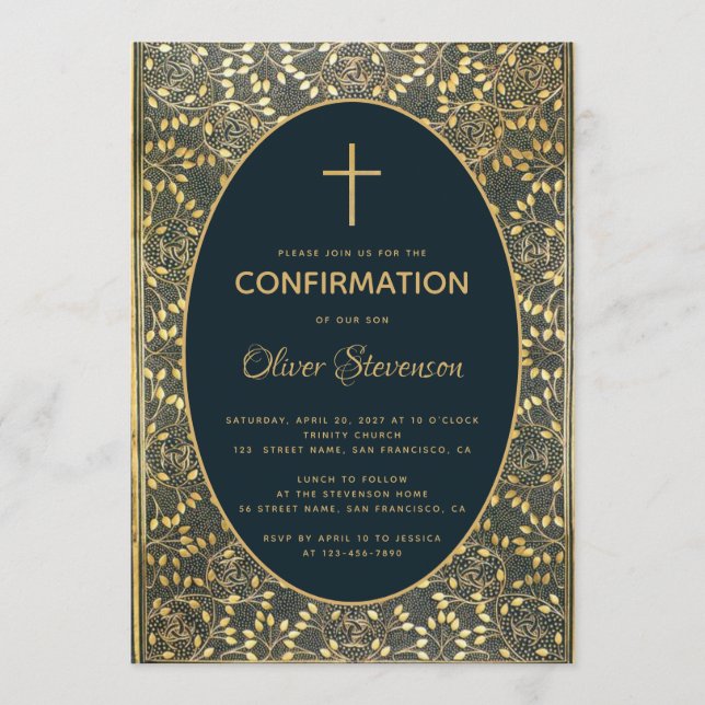 Boy Confirmation Gold Leaves Cross Elegant Blue Invitation (Front)