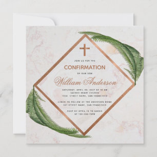 Boy Confirmation Greenery Copper Fern Cross Marble Invitation