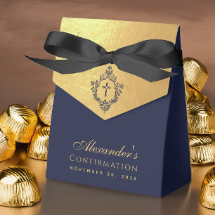 Boy Confirmation Navy Blue Crest Faux Gold Elegant Favour Box
