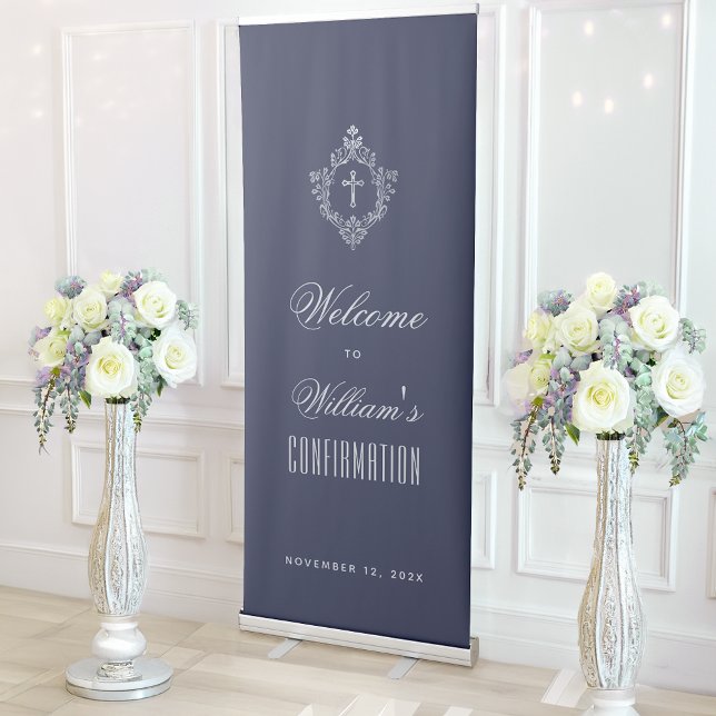 Boy Confirmation Navy Blue Cross in Crest Welcome Retractable Banner (Creator Uploaded)