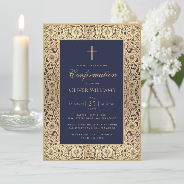 Boy Confirmation Navy Blue Gold Roses Frame Invitation (Creator Uploaded)