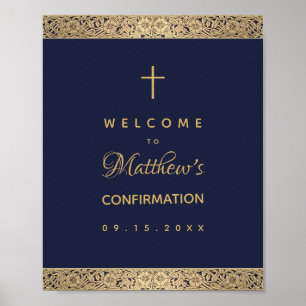 Boy Confirmation Navy Blue Gold Roses Welcome Poster