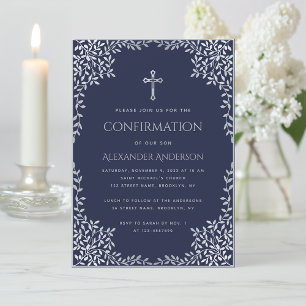 Boy Confirmation Navy Blue Silver Leaves Elegant Invitation